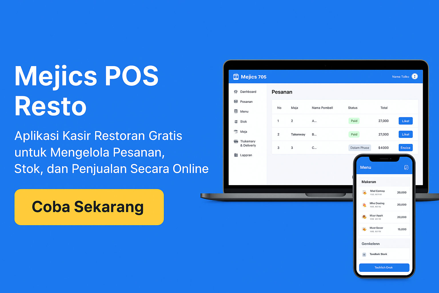 Mejics POS Resto – Aplikasi Kasir Restoran Gratis untuk Mengelola Pesanan, Stok, dan Penjualan Secara Online